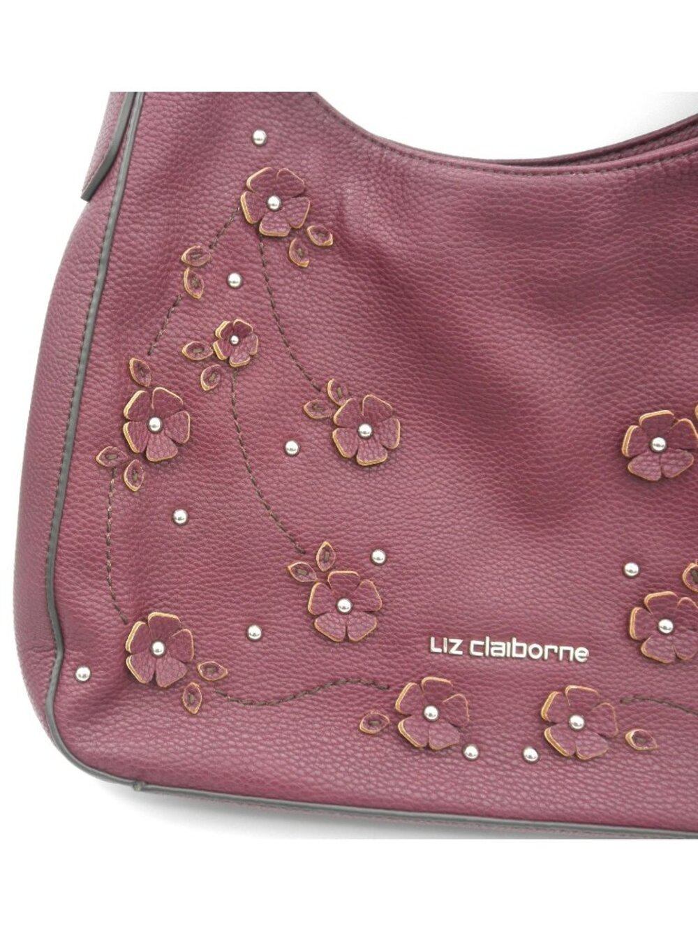 Vintage Liz Claiborne Faux Leather Merlot Claret Shoulder Bag 3D applied Flowers - Picture 14 of 16